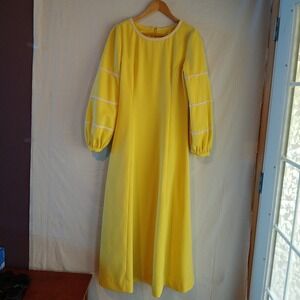 Vtg‎ '60s/70s Maxi Dress, Sz Medium, Sun Yellow White Brocade Handmade A-Line